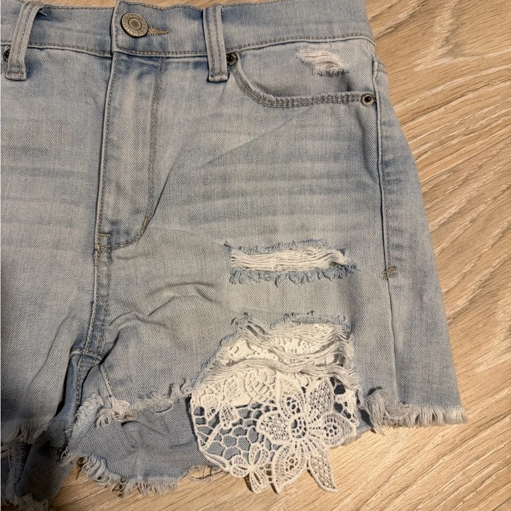 Mudd Light Blue Distressed‎ Jean Shorts with Lace